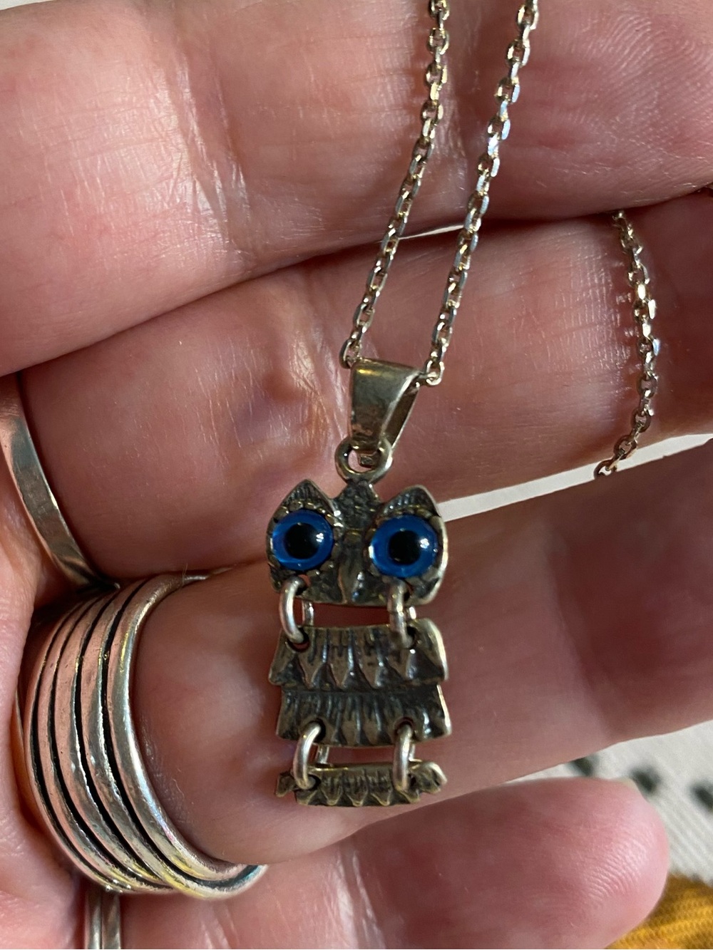 Vintage 925 Silver Moving Articulated Owl Necklace Blue Evil Eye Nazar Charm